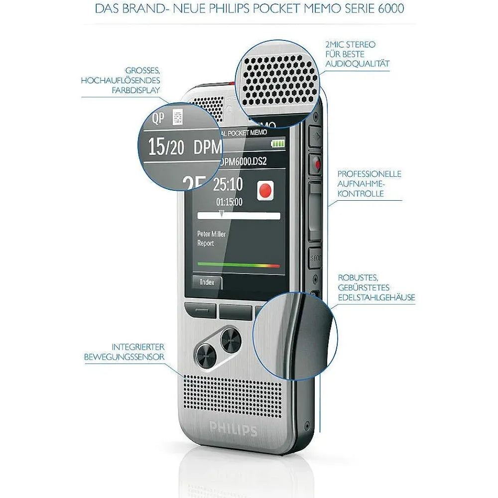 Philips DPM6000 Digital Pocket Memo: Premium Voice Recorder with Push Button Control