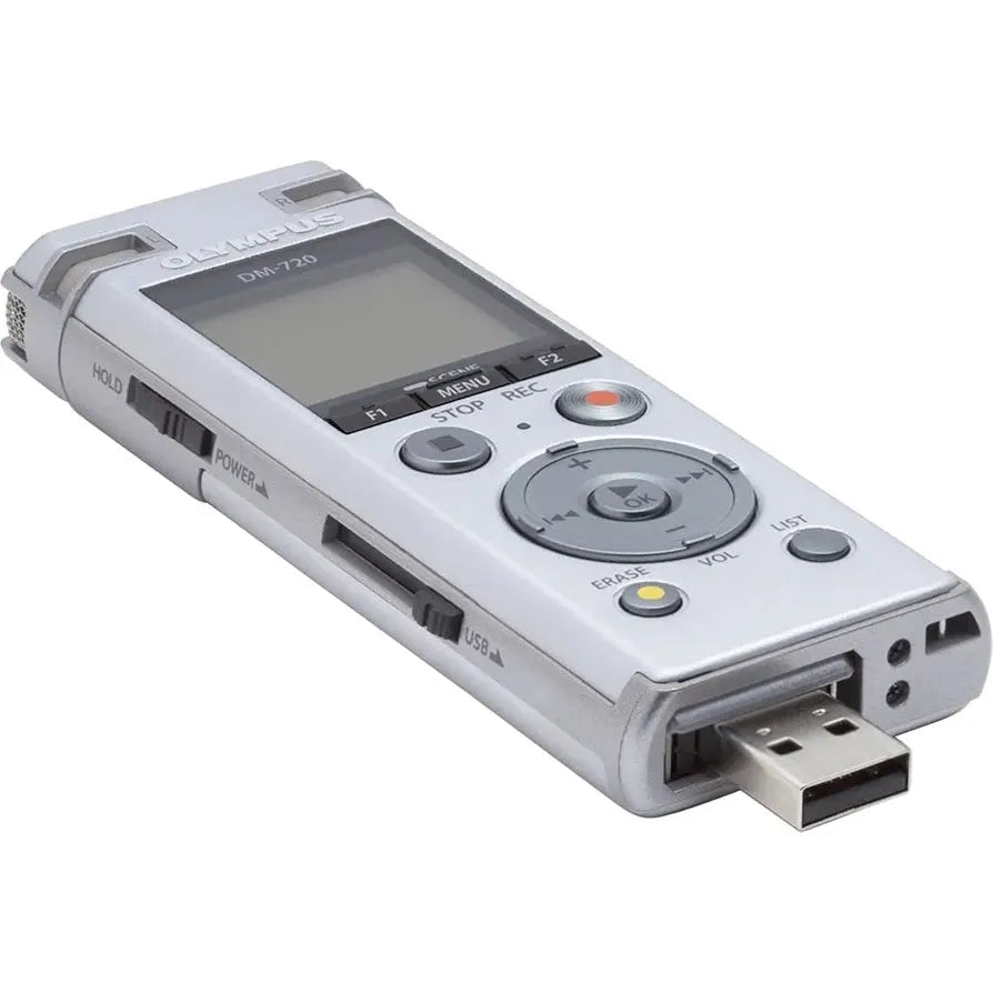 OM SYSTEM OLYMPUS DM-720 Digital Voice Recorder - 4GB, Micro SD, USB Charging, PC Connection, Transcription Mode (Silver)