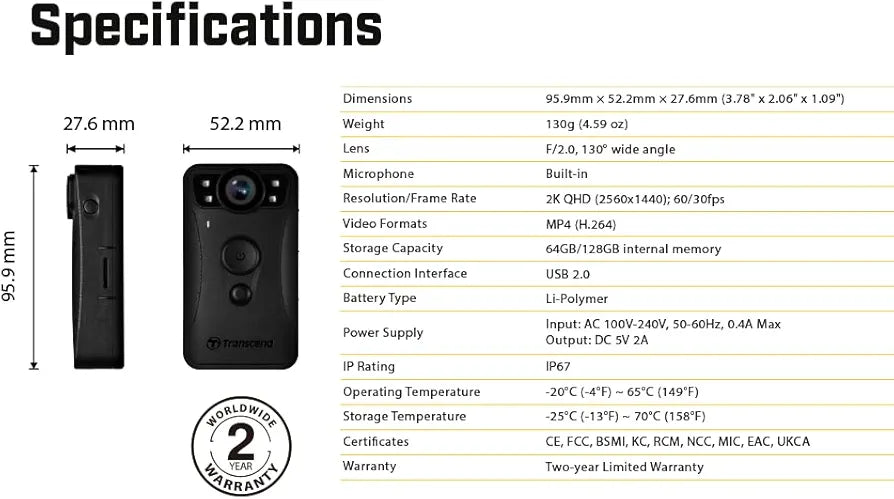 2 Body Recorders Transcend 128GB 1440P QHD Police Body Camera with STARVIS 2 Sensor ...